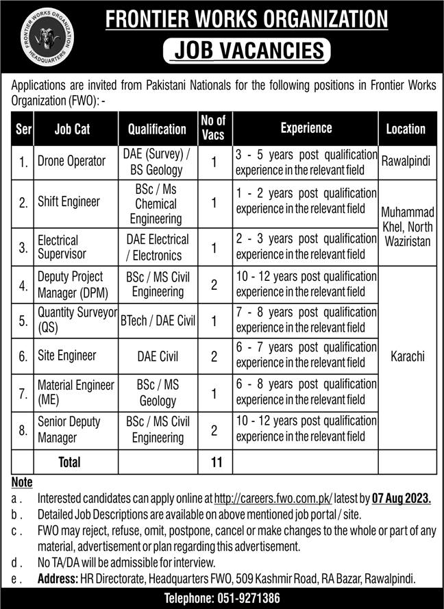 Frontier Works Organization Rawalpindi Jobs 2023 New Vacancies